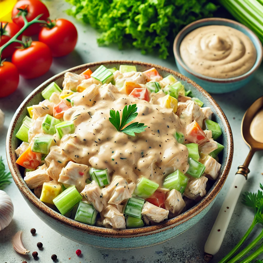 A bowl of chicken salad with creamy sauce, garnished with fresh herbs.
