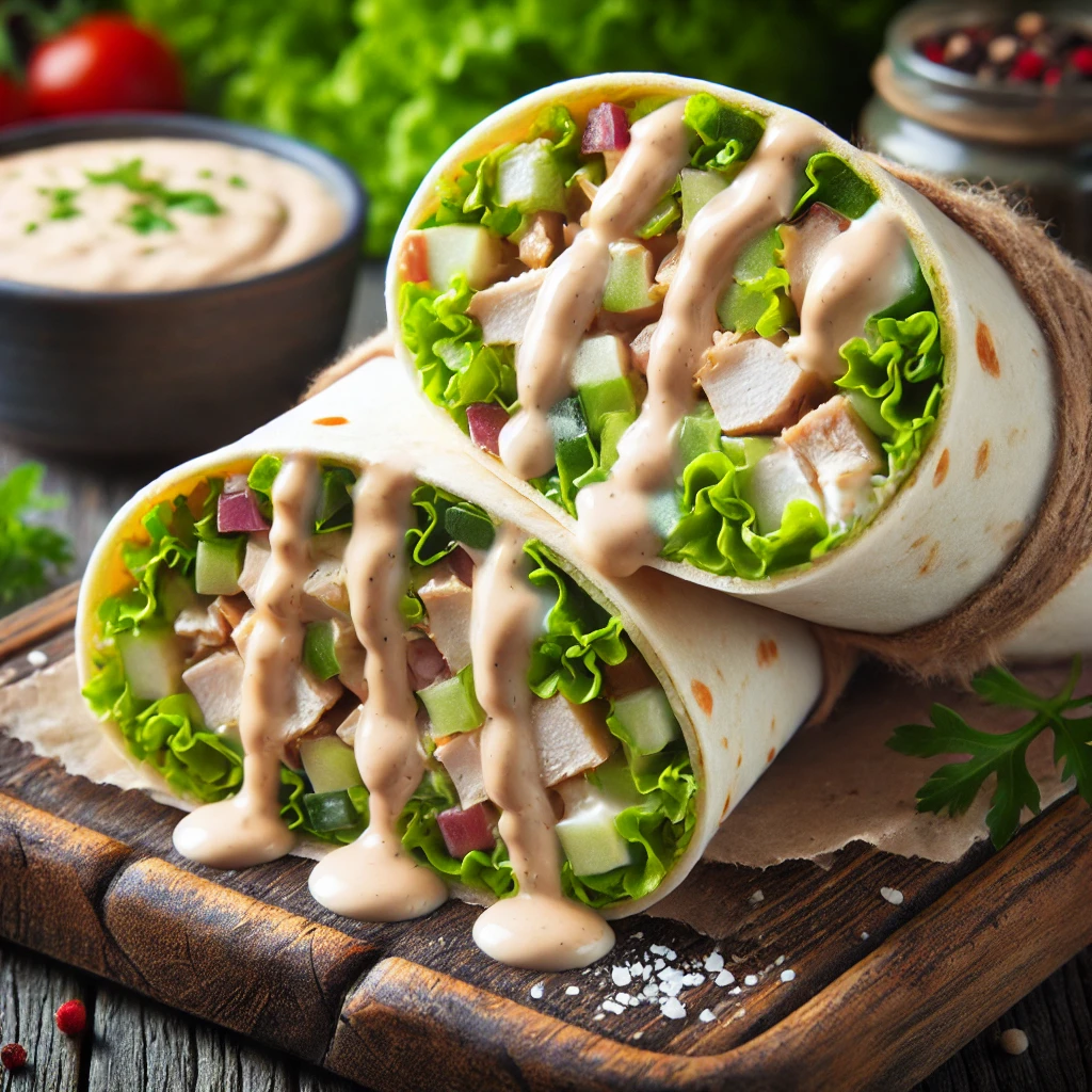 A fresh chicken salad wrap with homemade chicken salad sauce drizzled on top.