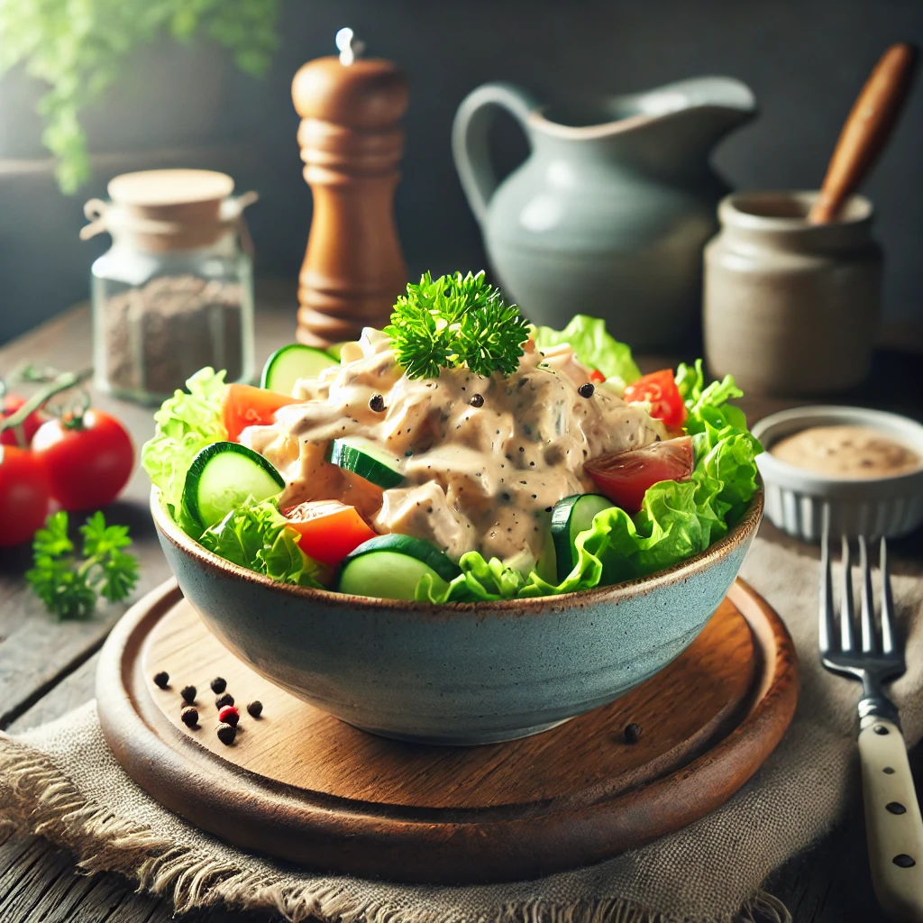 A delicious plate of chicken salad with creamy, tangy chicken salad sauce, garnished with parsley on a wooden table in a rustic kitchen.