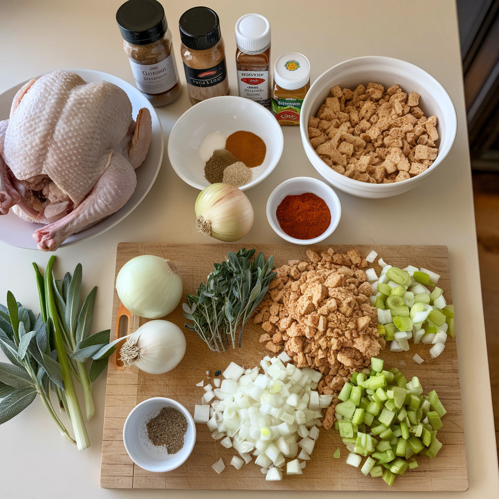 Ingredients for chicken and dressing including chicken, cornbread, vegetables, and spices arranged on a kitchen countertop.
