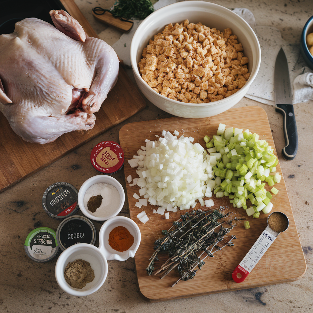 Ingredients for chicken and dressing including chicken, cornbread, vegetables, and spices arranged on a kitchen countertop.
