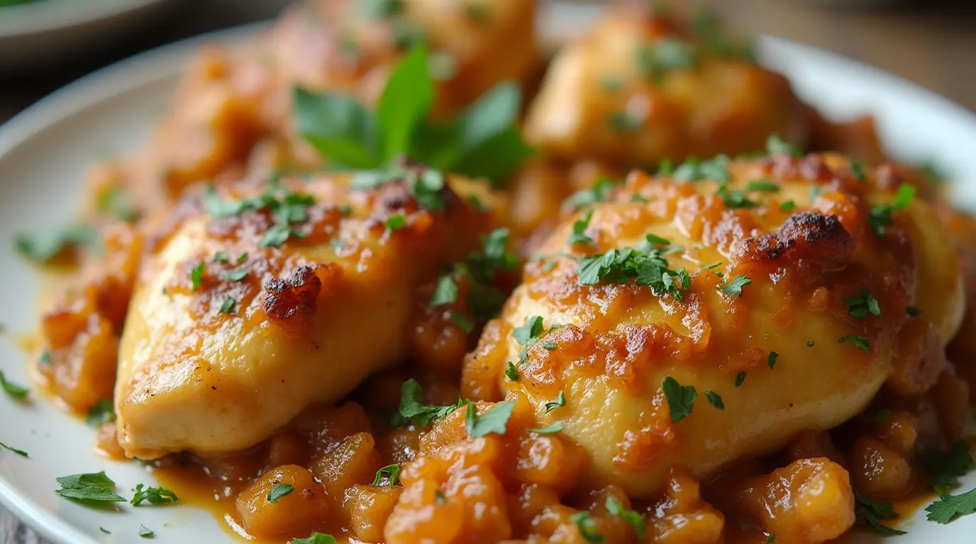 A beautifully plated dish of Chicken and Dressing Recipe, garnished with fresh herbs.