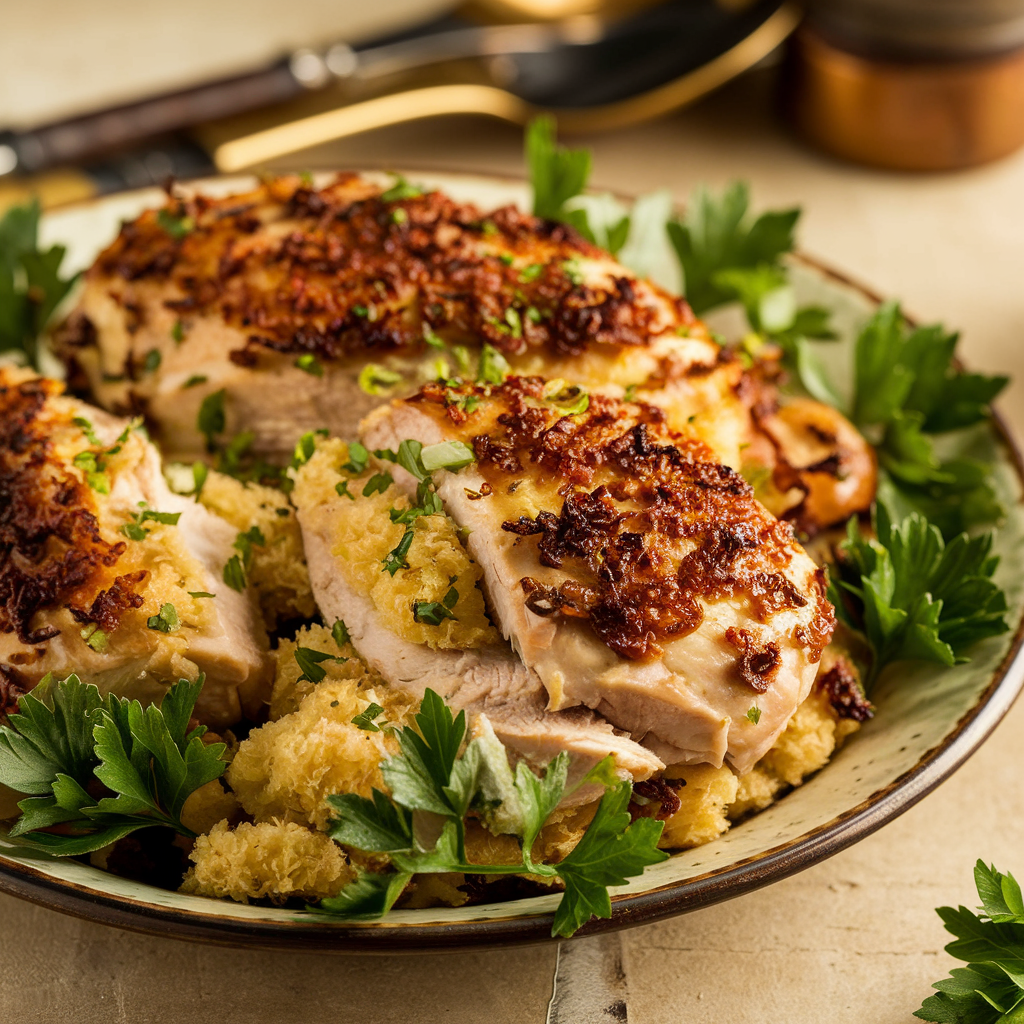 A beautifully plated dish of chicken and dressing, garnished with fresh herbs.