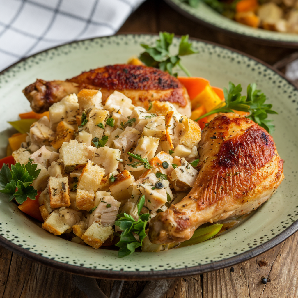 A beautifully plated dish of chicken and dressing garnished with fresh herbs.