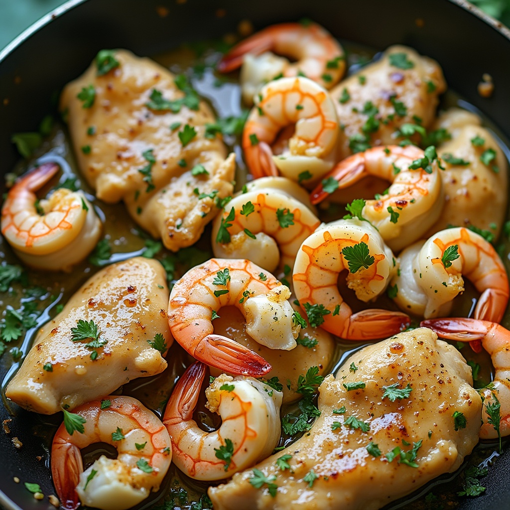 Chicken and shrimp cooking together in a skillet with butter, garlic, and herbs
