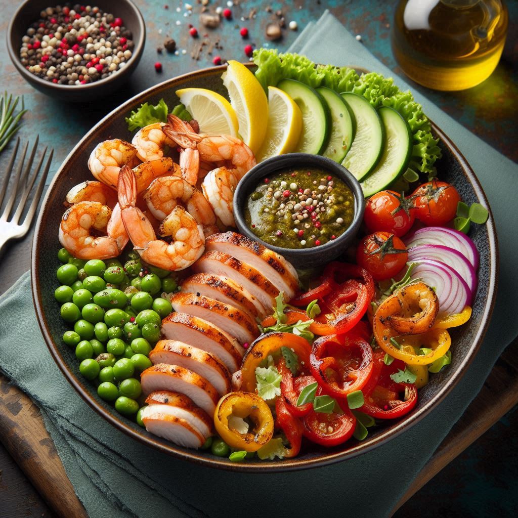 A beautifully plated chicken and shrimp dish with garlic butter sauce, served with rice and vegetables