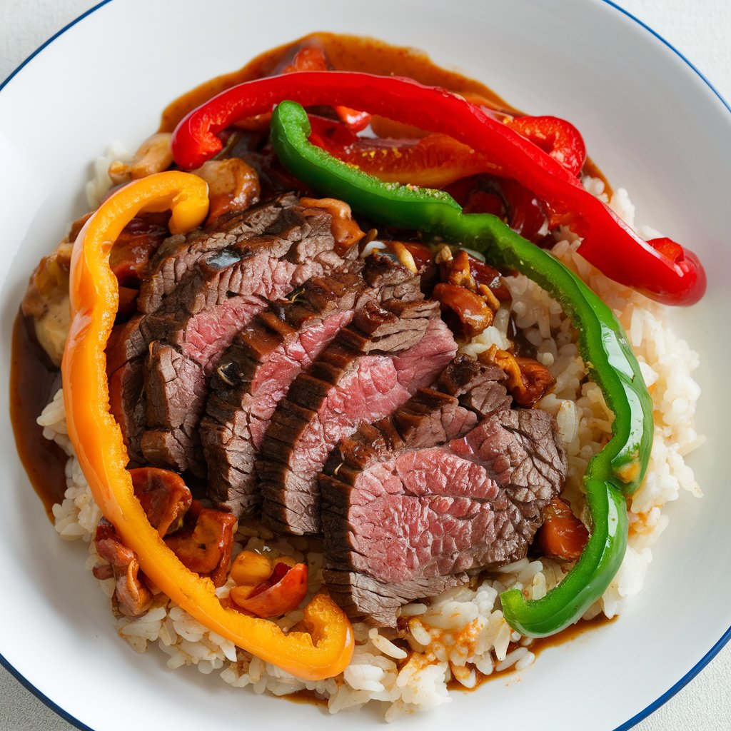 A close-up of Chinese pepper steak with tender beef slices, bell peppers, and onions coated in a glossy sauce.