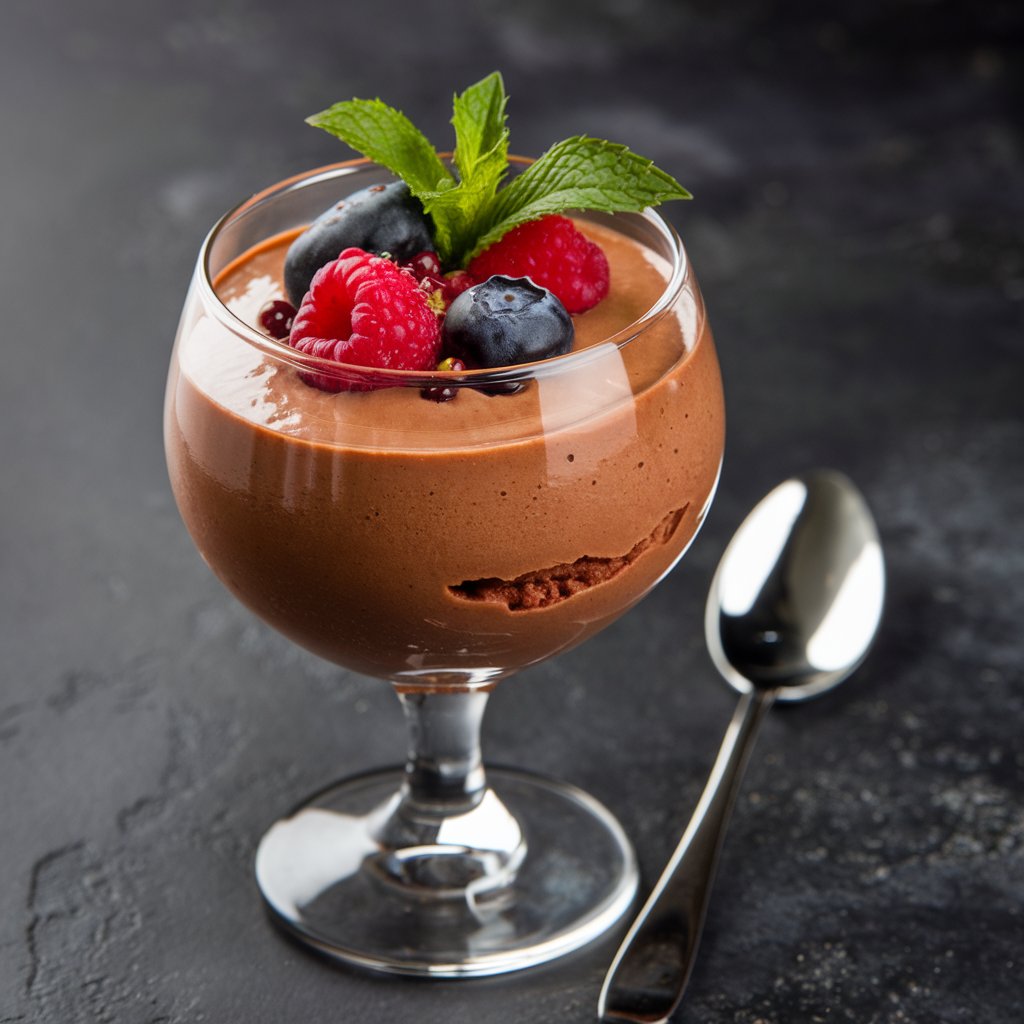 Chocolate avocado mousse served in a glass, topped with fresh berries and a sprig of mint.