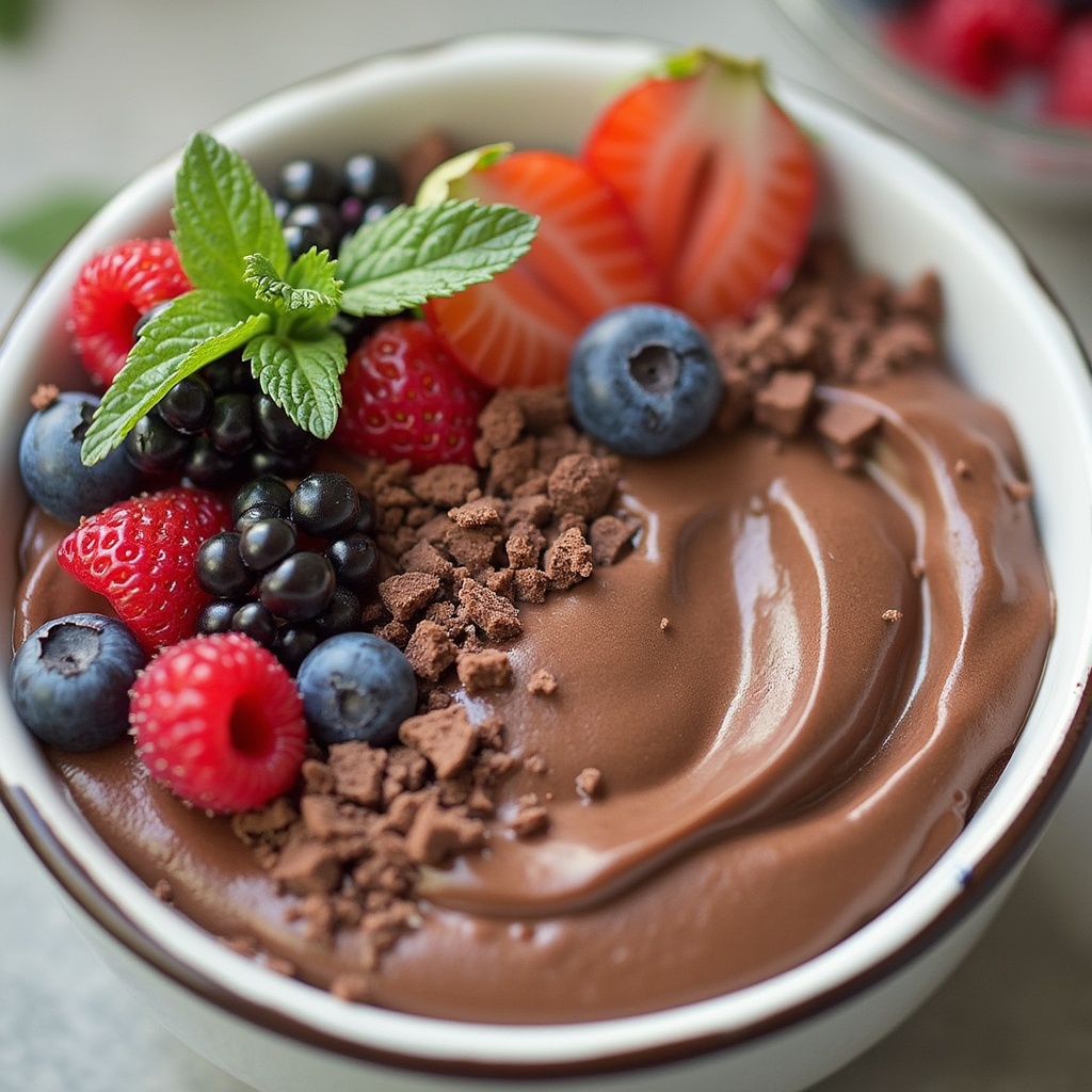 Homemade chocolate avocado pudding served in a glass, garnished with fresh berries and mint leaves, on a wooden table.
