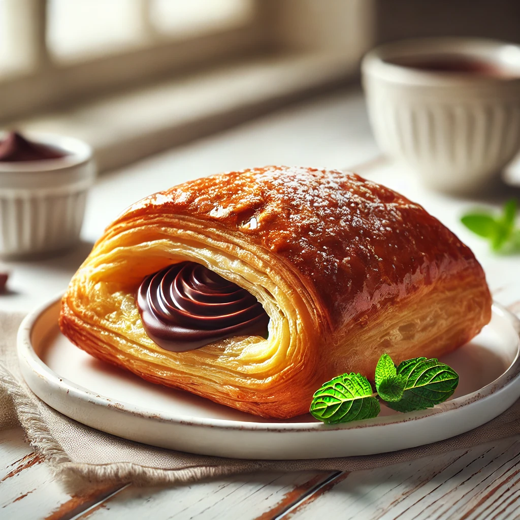 Close-up of freshly baked puff pastry dessert filled with rich chocolate ganache, topped with powdered sugar and mint leaves.
