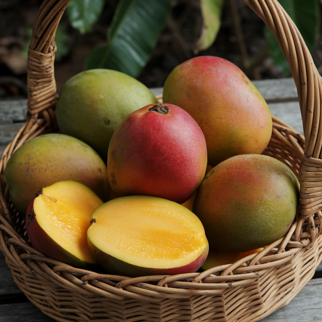 Fresh mangoes in a wicker basket, with one sliced open to show its juicy flesh.
