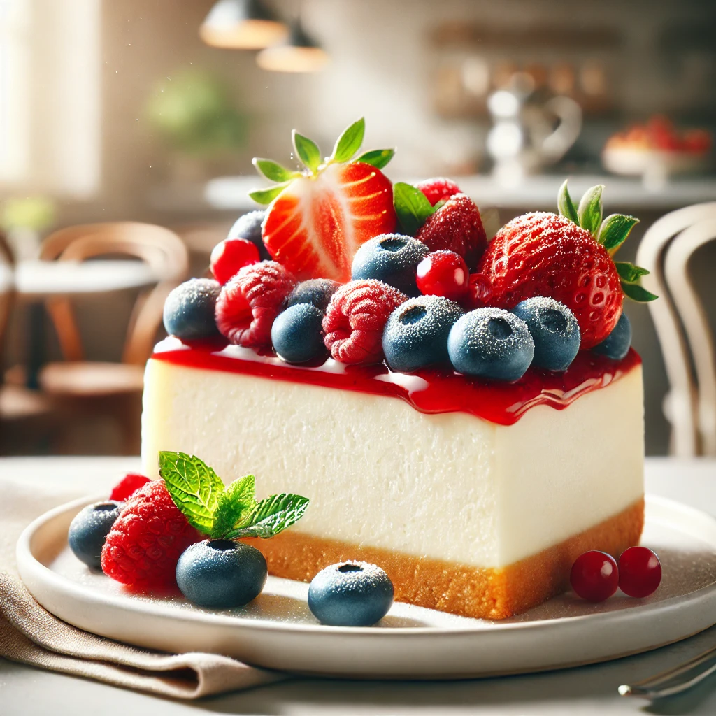 A slice of classic cheesecake topped with fresh berries on a white plate. 
