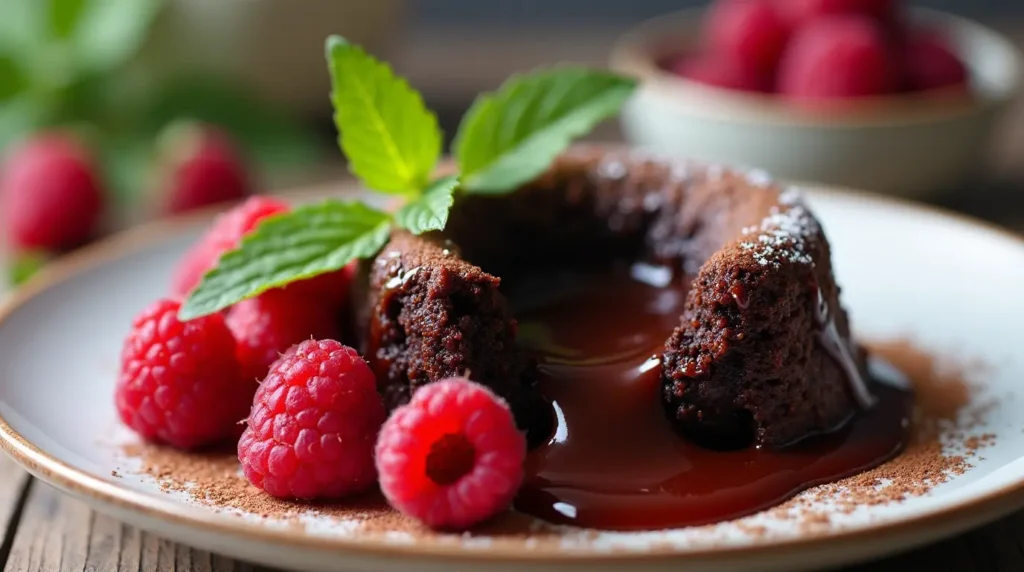 A close-up of a fancy chocolate lava cake with molten chocolate oozing out, garnished with fresh mint and raspberries.
