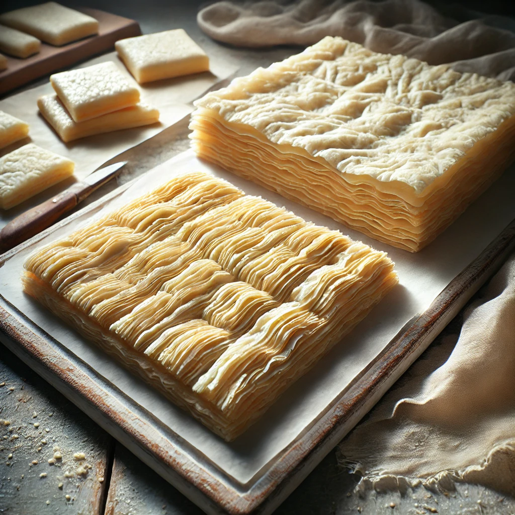 Side-by-side comparison of puff pastry and phyllo dough on a kitchen countertop, highlighting their texture differences.