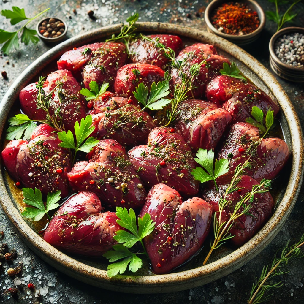 Sliced beef heart Recipe pieces marinated with herbs and spices on a ceramic plate.
