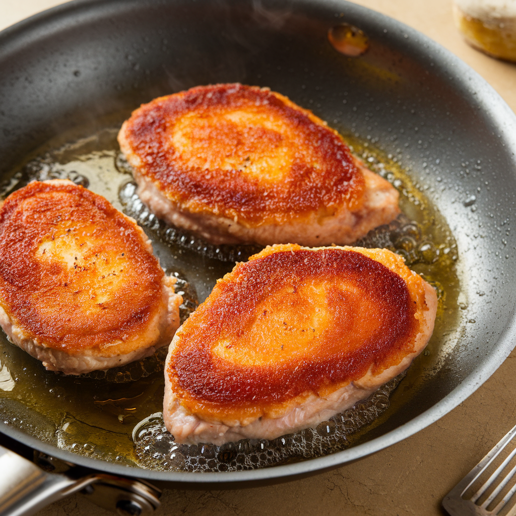 Chicken cutlets being fried in a pan with crispy breading.
