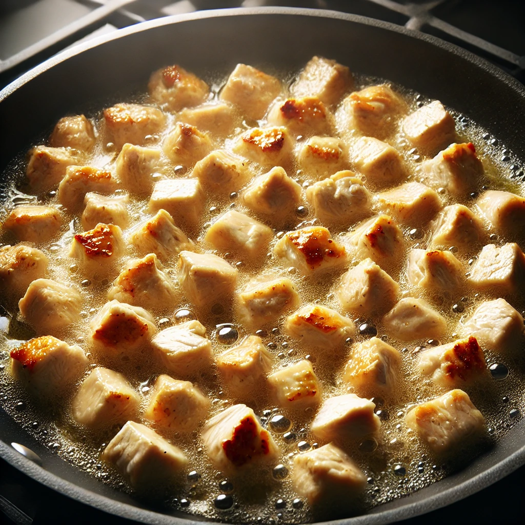 Diced chicken cooking in a hot skillet, with a splash of broth added for moisture.
