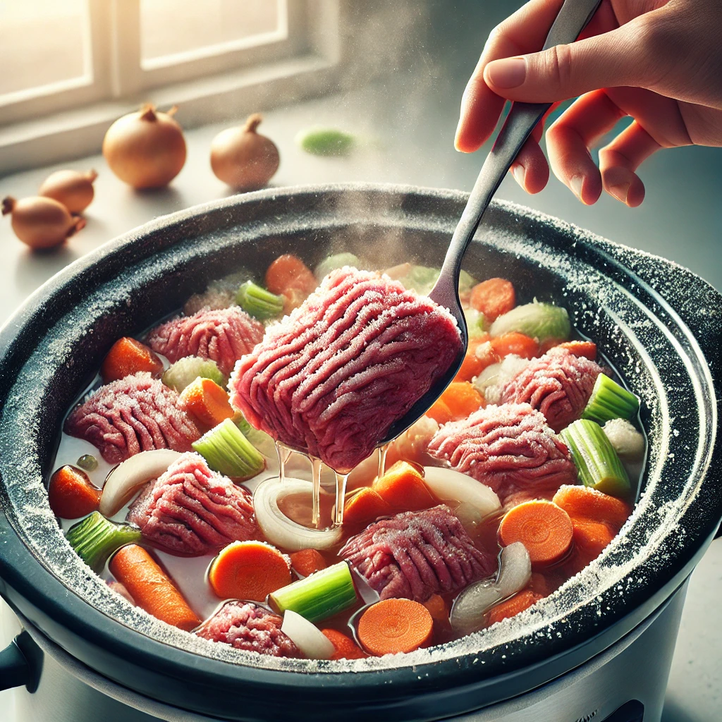 Ground beef cooking in a crock pot with broth and vegetables, partially thawed and breaking apart.