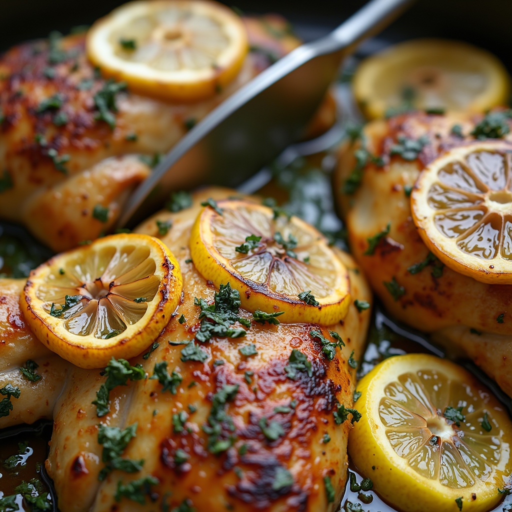 Chicken cooking in a skillet with garlic, herbs, and lemon slices
