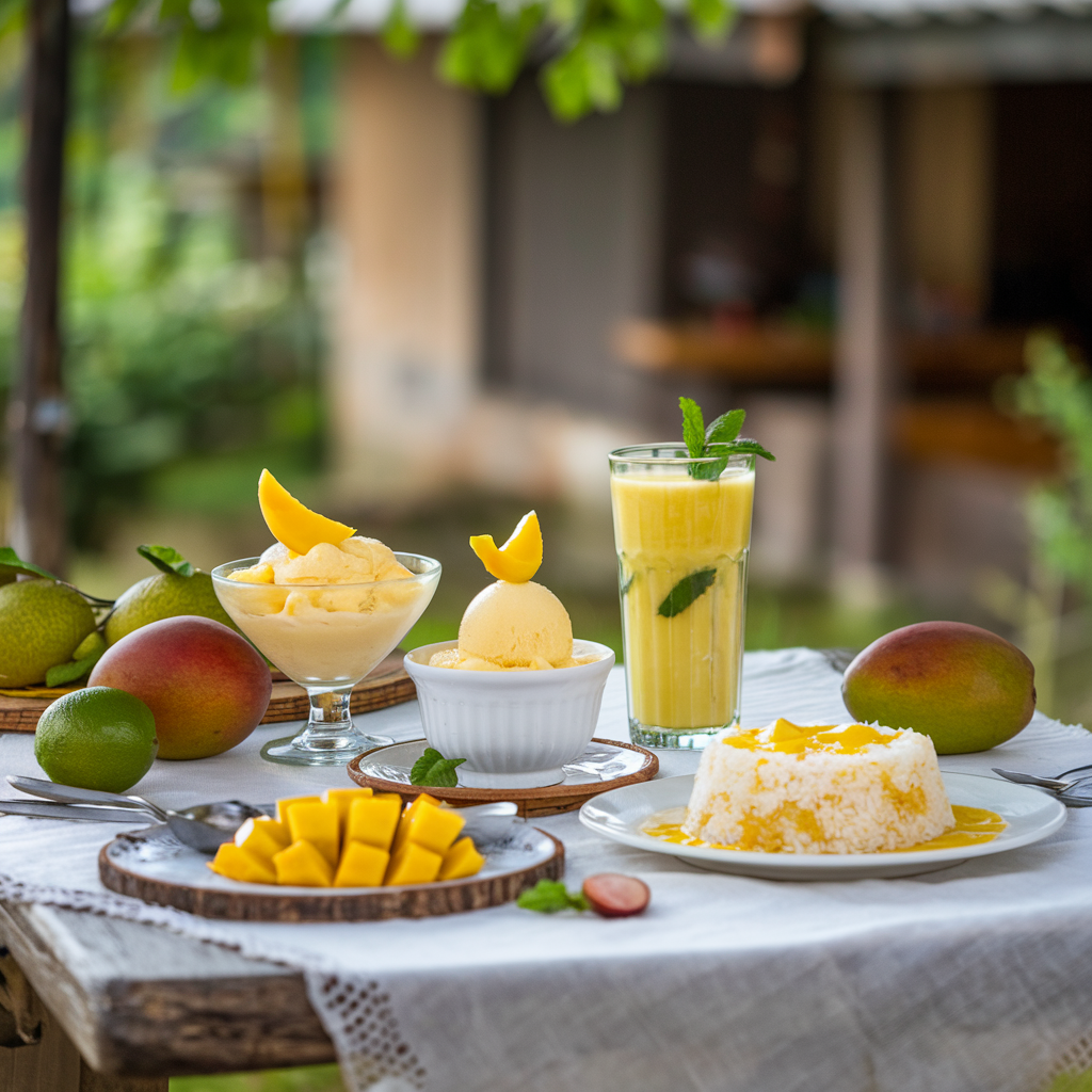 A variety of cooling mango desserts, including mango sorbet, mango lassi, and mango sticky rice, displayed beautifully on a table.