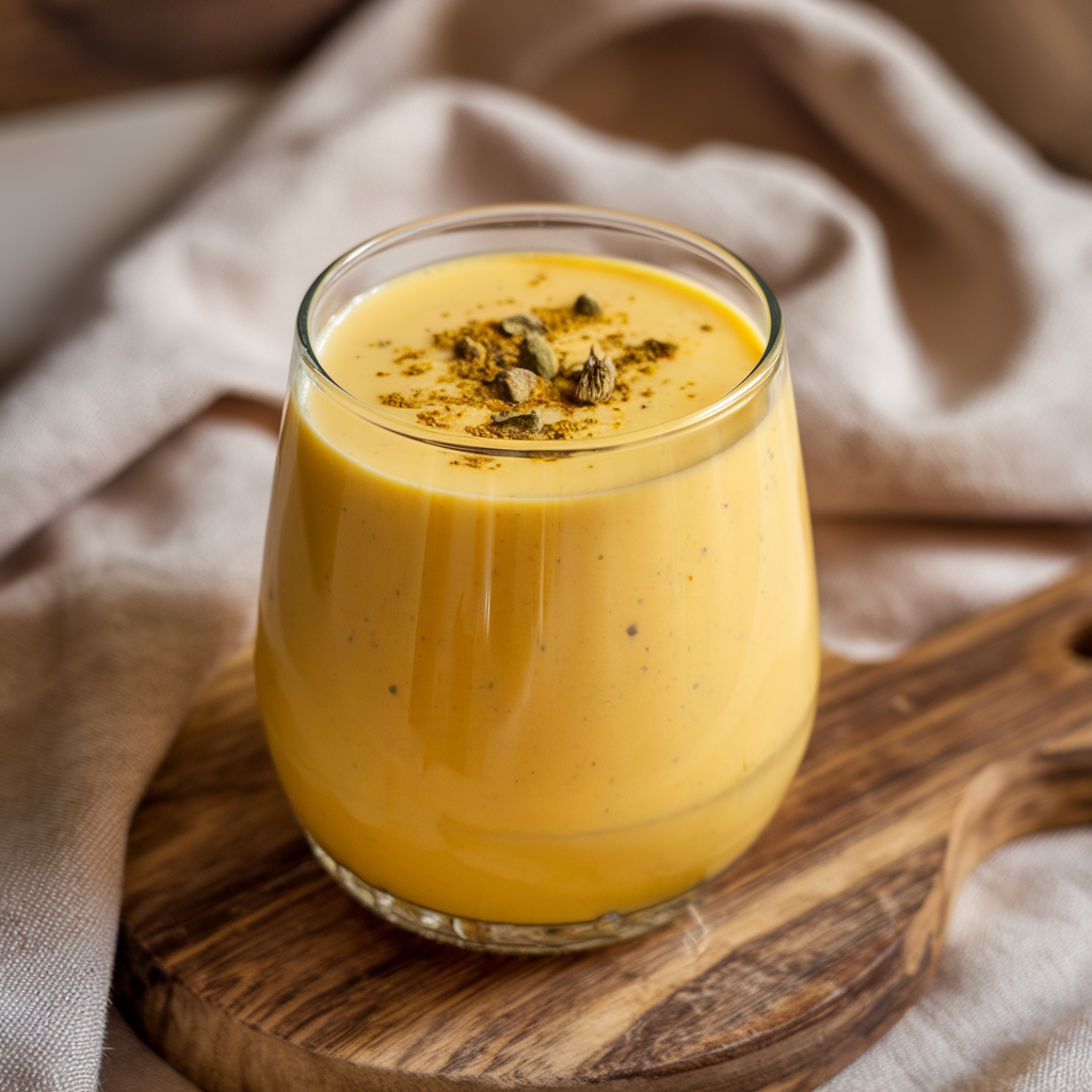 A glass of creamy mango lassi with a sprinkle of cardamom on top. 
