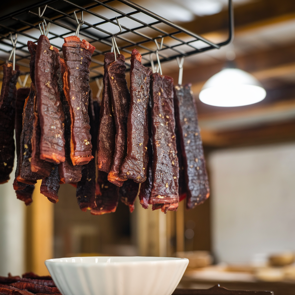 Smoked Beef Jerky Cooling on a Rack
