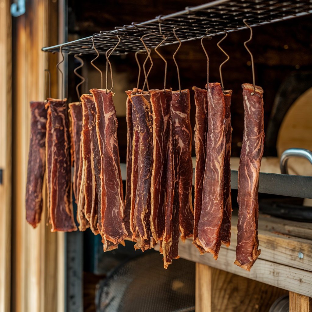 Smoked Beef Jerky Cooling on a Rack
