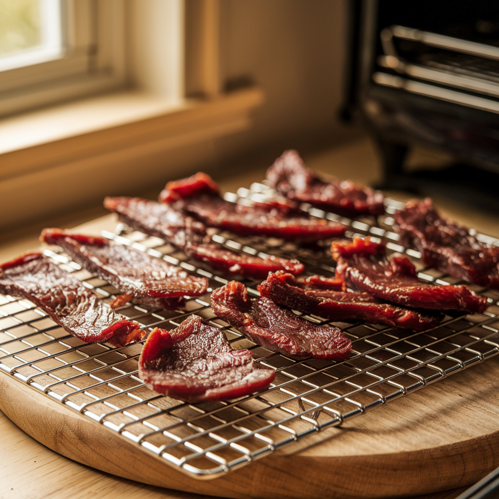 Smoked Beef Jerky Cooling on a Rack
