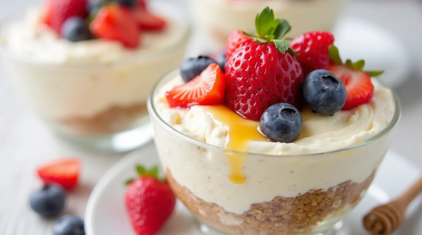 A vibrant cottage cheese dessert topped with fresh berries, honey drizzle, and mint garnish in a glass bowl.