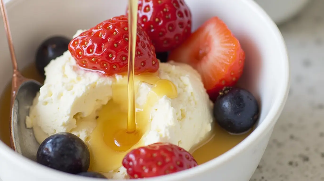 A creamy cottage cheese dessert topped with fresh strawberries, blueberries, and a drizzle of honey in a glass bowl.