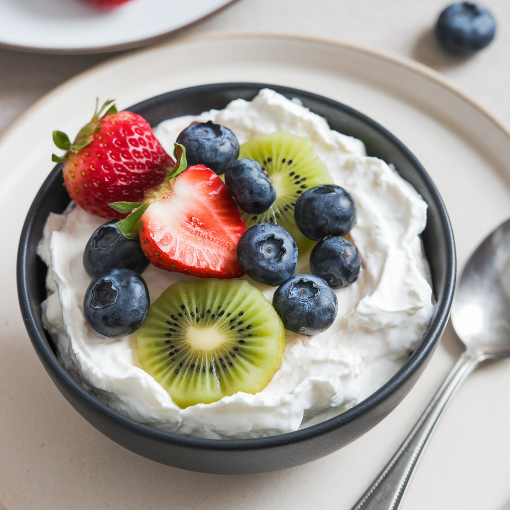 A bowl of cottage cheese topped with fresh strawberries and a drizzle of honey.
