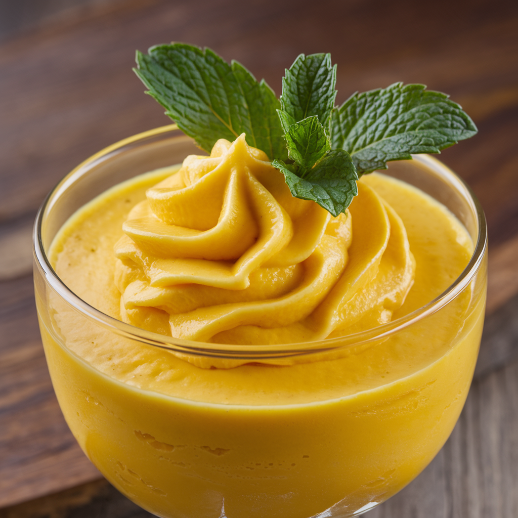 A close-up shot of a creamy mango mousse topped with a sprig of mint.
