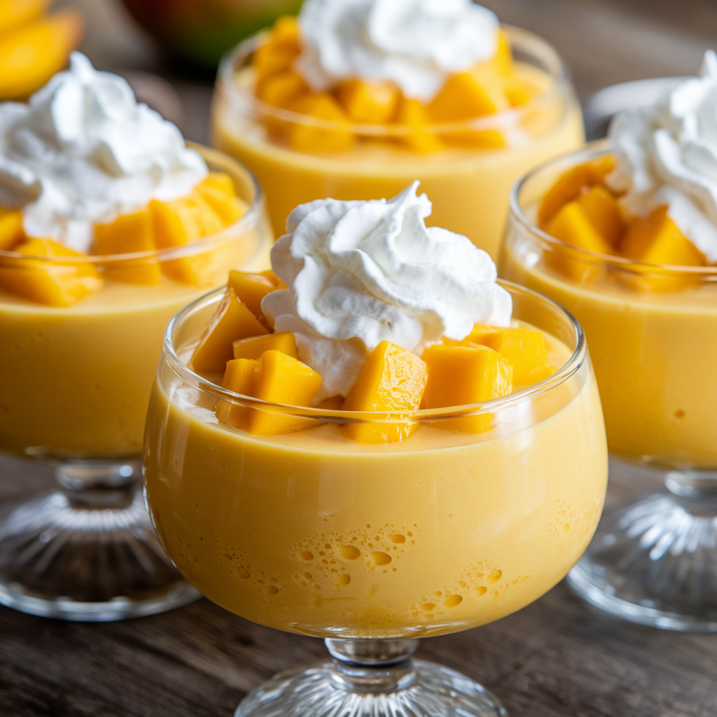 Glass bowls of mango pudding topped with whipped cream and diced mangoes.
