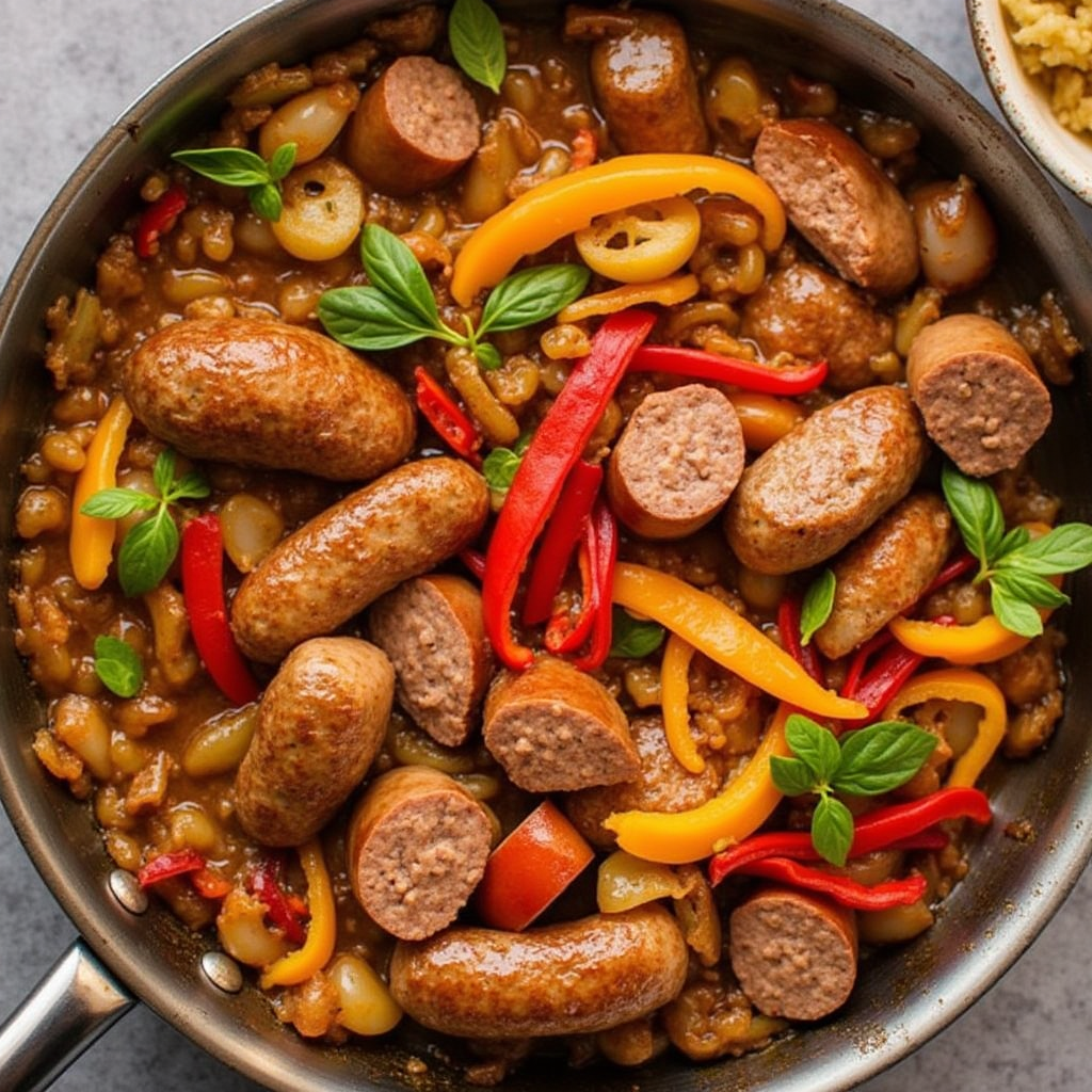 A skillet filled with beef sausage, peppers, onions, and a savory sauce.
