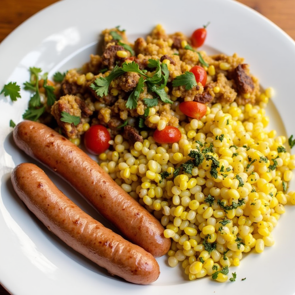 A vibrant plate featuring beef sausages, spicy couscous salad, and grilled corn on the cob.
