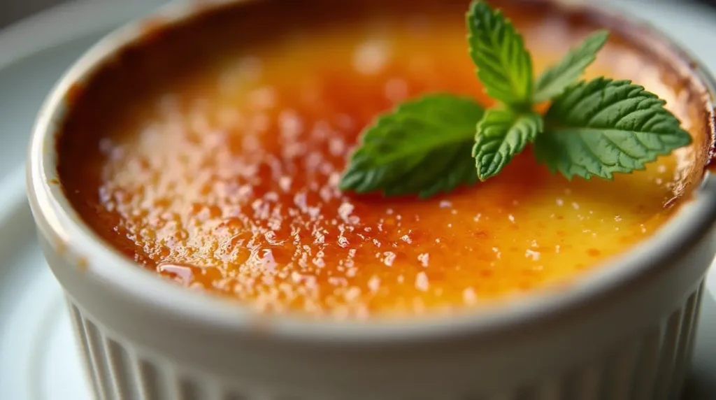 A close-up of a crème brûlée with a perfectly caramelized sugar crust and a sprig of fresh mint on top.
