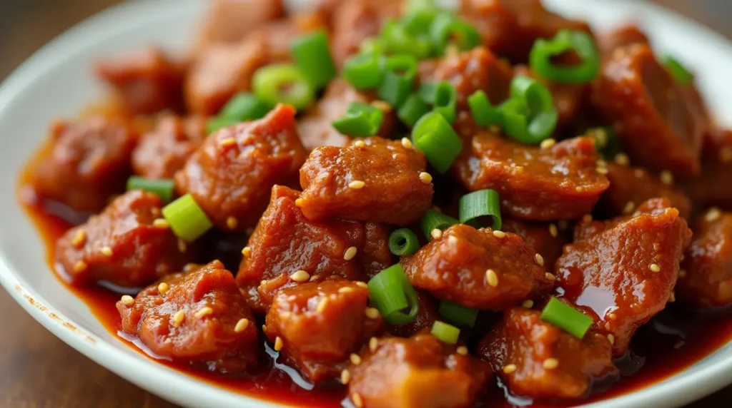 A plate of crispy Beijing beef coated in a glossy sweet and tangy sauce, garnished with green onions and sesame seeds.