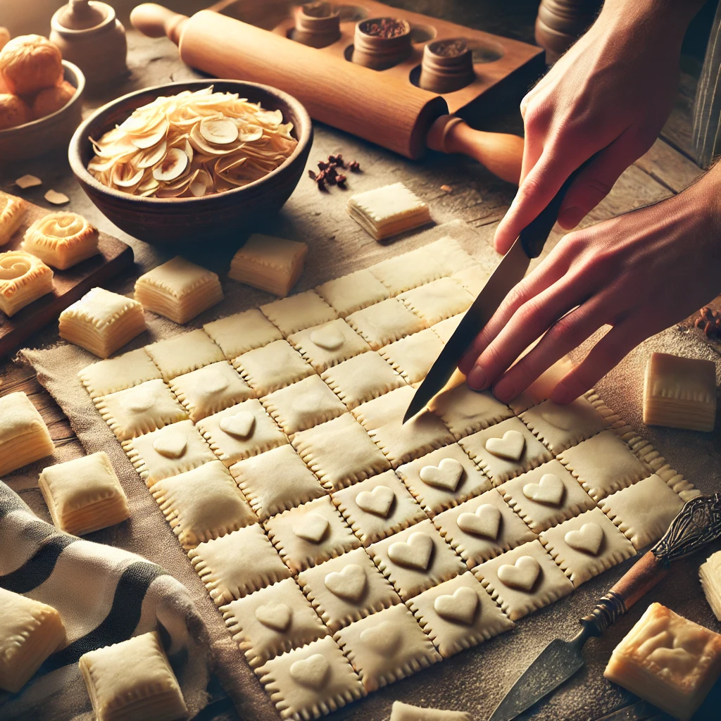 Cutting puff pastry into squares and circles on a kitchen countertop, ready for baking into individual dessert pieces.