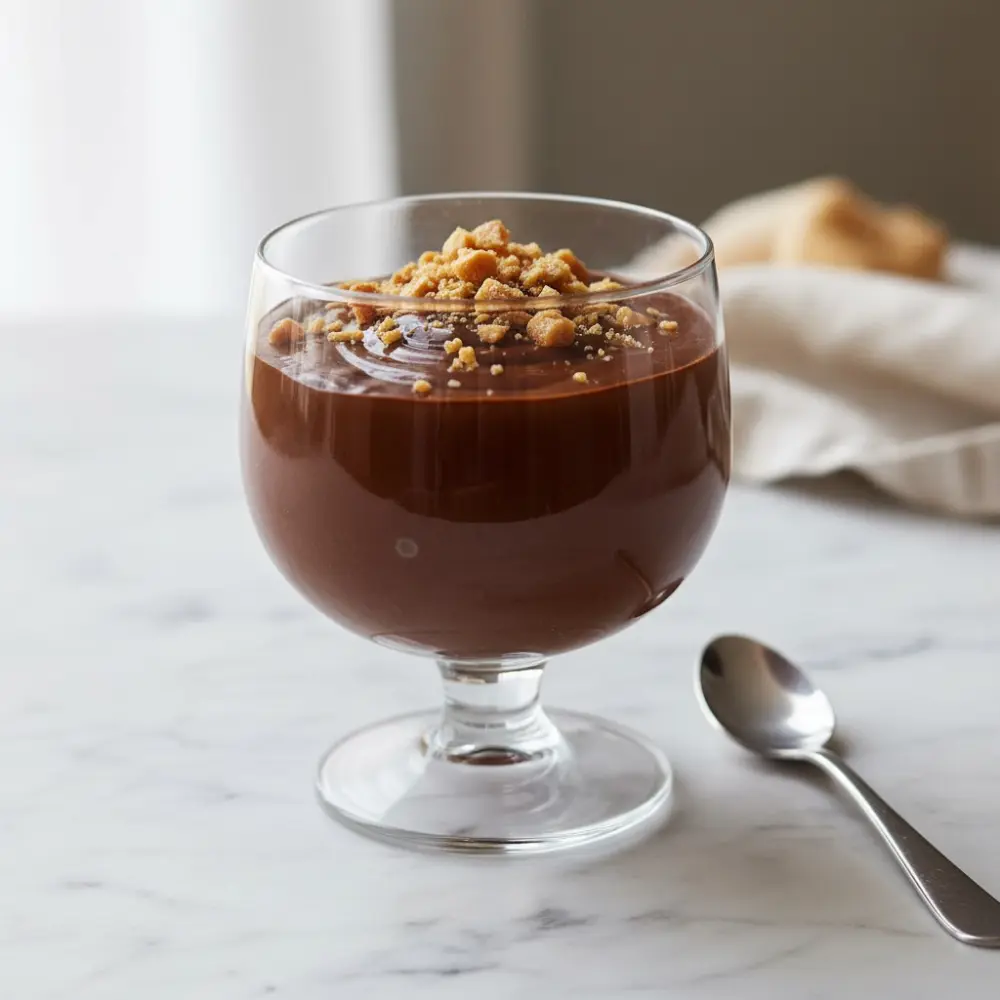 A glass cup filled with dark chocolate mousse topped with crushed praline on a marble table with a spoon beside it.