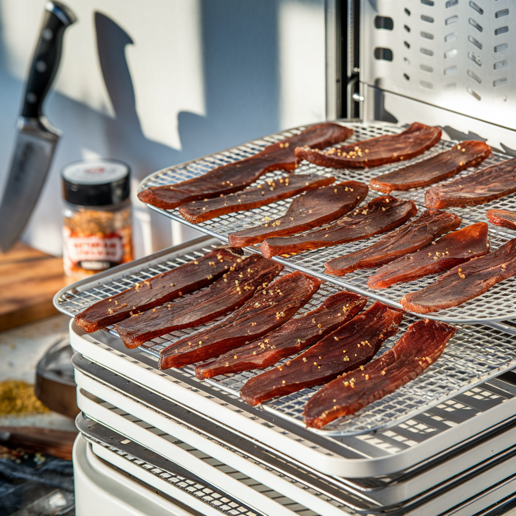 Beef jerky strips arranged on dehydrator trays, ready to be dehydrated.
