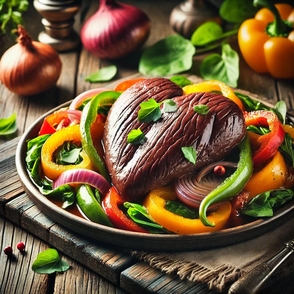 A fresh beef heart recipe, showcasing tender beef heart served with vibrant vegetables like bell peppers, onions, and greens.