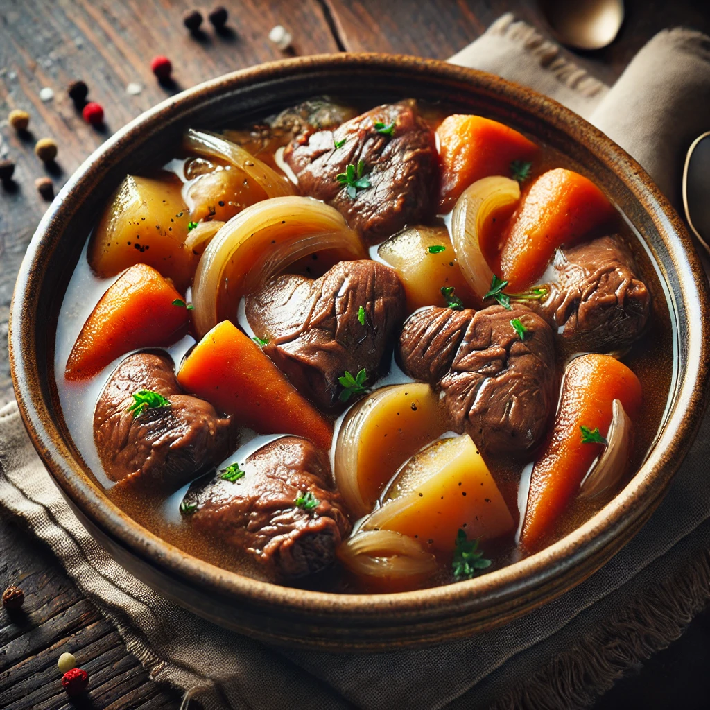 A steaming bowl of beef heart stew, showcasing a flavorful and tender beef heart recipe.
