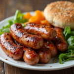 A plate of grilled beef sausages garnished with herbs and served with mashed potatoes and vegetables.