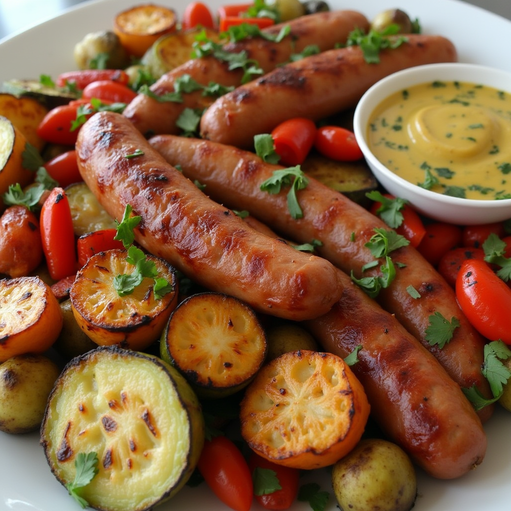 A platter of grilled beef sausages with roasted vegetables and a side of mustard.