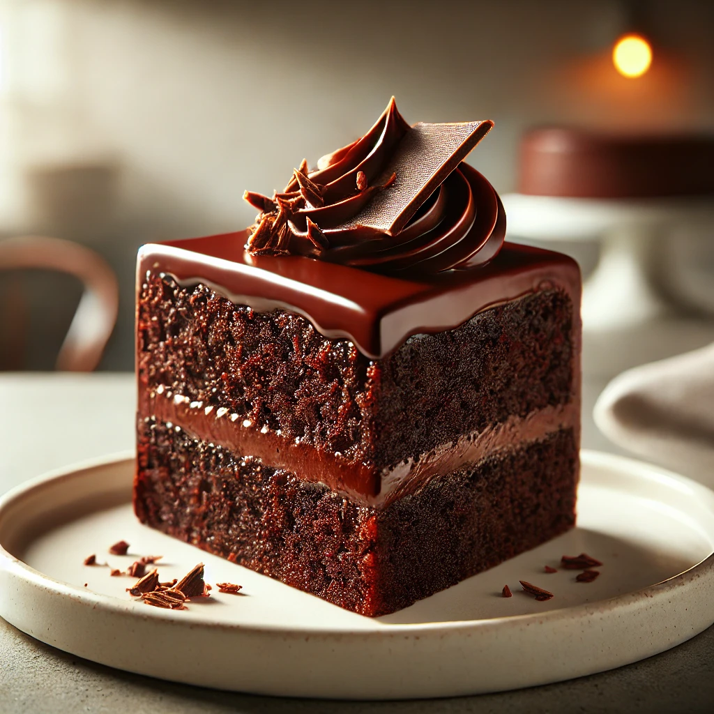 A slice of rich and moist chocolate cake on a white plate. 
