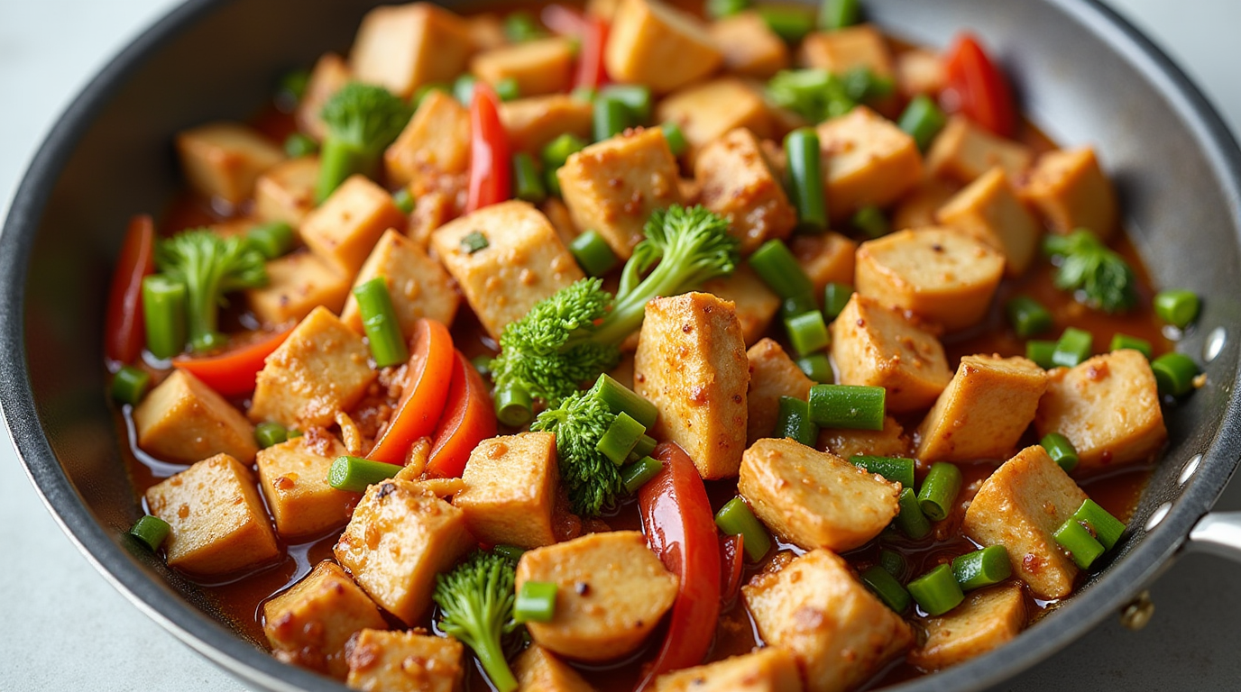 A skillet filled with vibrant diced chicken stir-fry, showcasing colorful vegetables and savory chicken pieces.