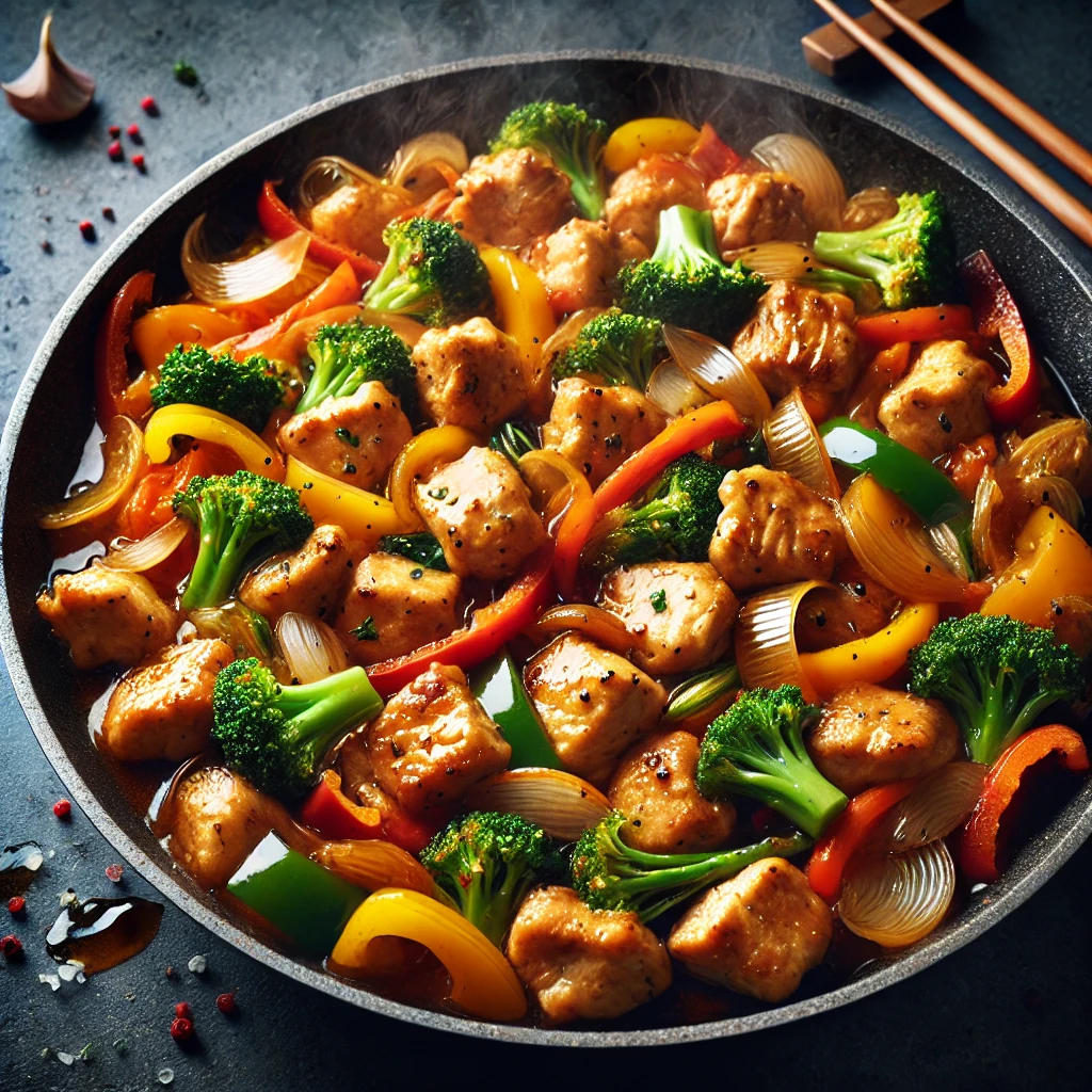 A skillet filled with vibrant diced chicken stir-fry, showcasing colorful vegetables and savory chicken pieces.