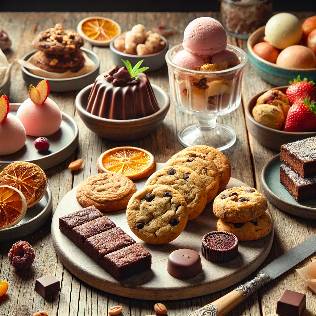 An assortment of gluten and dairy-free desserts, including cookies, brownies, and sorbet, beautifully arranged on a rustic table.