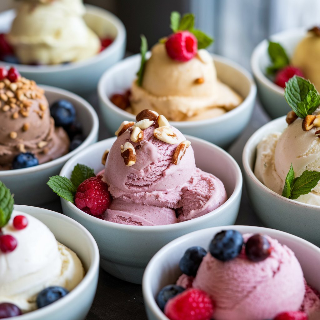 Bowls of gluten and dairy-free ice cream in various flavors, including vanilla, chocolate, and mango, garnished with fresh fruits and nuts.