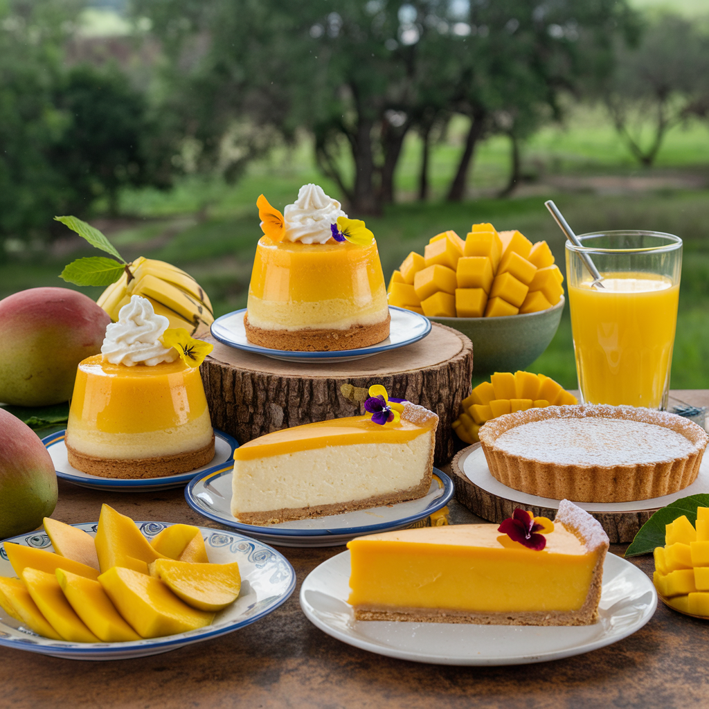 A variety of mango desserts including mango mousse, displayed beautifully on a table.